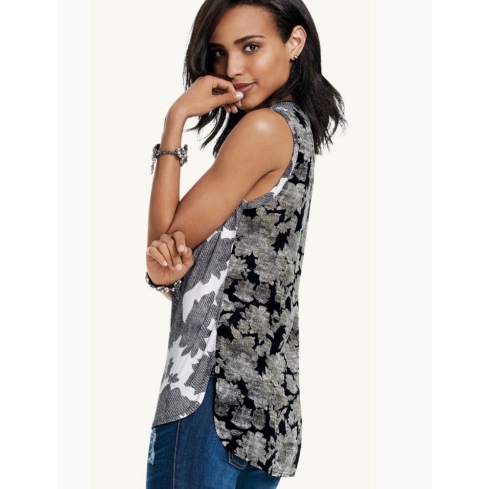 Cabi Tango 3057 Mixed Media Floral Cowl Neck Sleeveless Top Grey White Medium